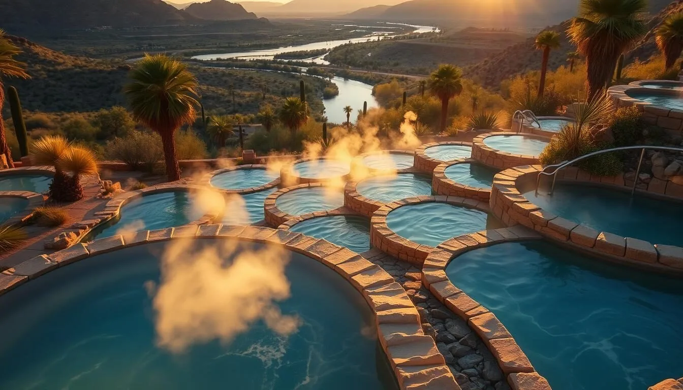 Riverbend Hot Springs pools overlooking the Rio Grande in Truth or Consequences, New Mexico
