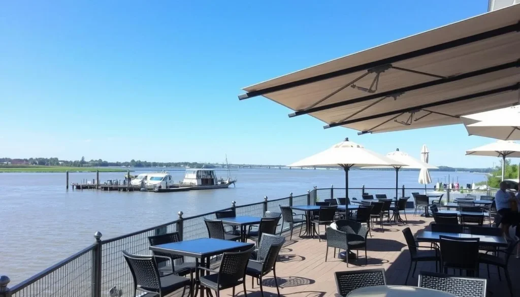 Riverside dining near Thompson Island with Mississippi River views Riverside dining near Thompson Island with Mississippi River views