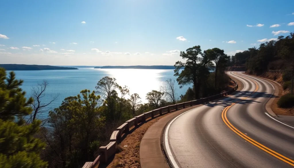 Road along Toledo Bend Reservoir with scenic views