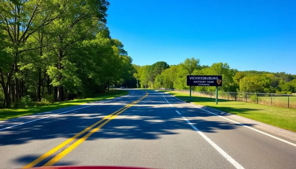 Road approaching Vicksburg National Military Park with beautiful countryside views Road approaching Vicksburg National Military Park with beautiful countryside views