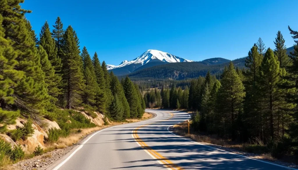 Road leading to Taos Ski Valley with mountains in the background and forest on both sides Road leading to Taos Ski Valley with mountains in the background and forest on both sides