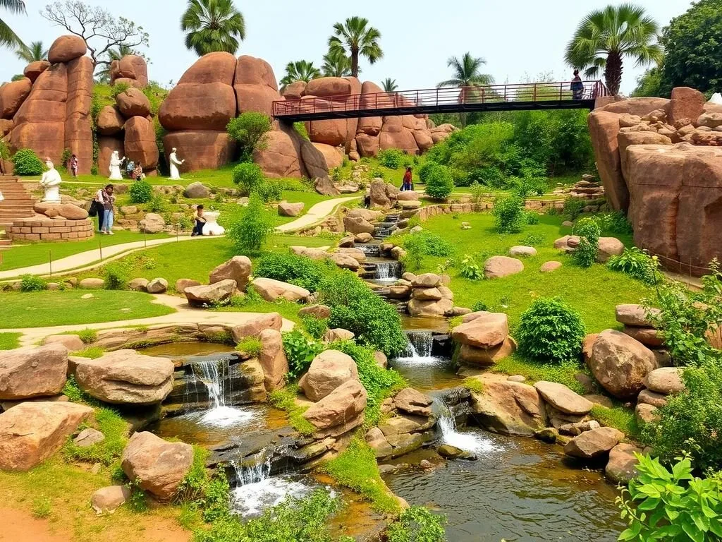 Rock Garden with waterfalls, sculptures and iron footbridge, popular for Ranchi Jharkhand best things to do Rock Garden with waterfalls, sculptures and iron footbridge, popular for Ranchi Jharkhand best things to do