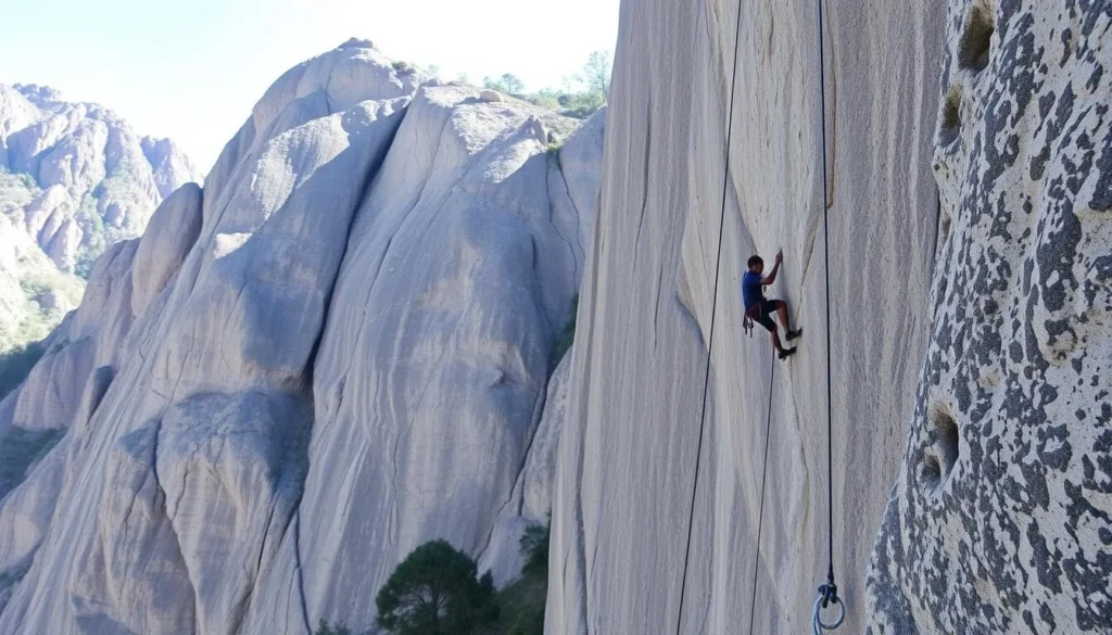Rock climber scaling the basaltic walls at Paradise Forks in Sycamore Canyon
