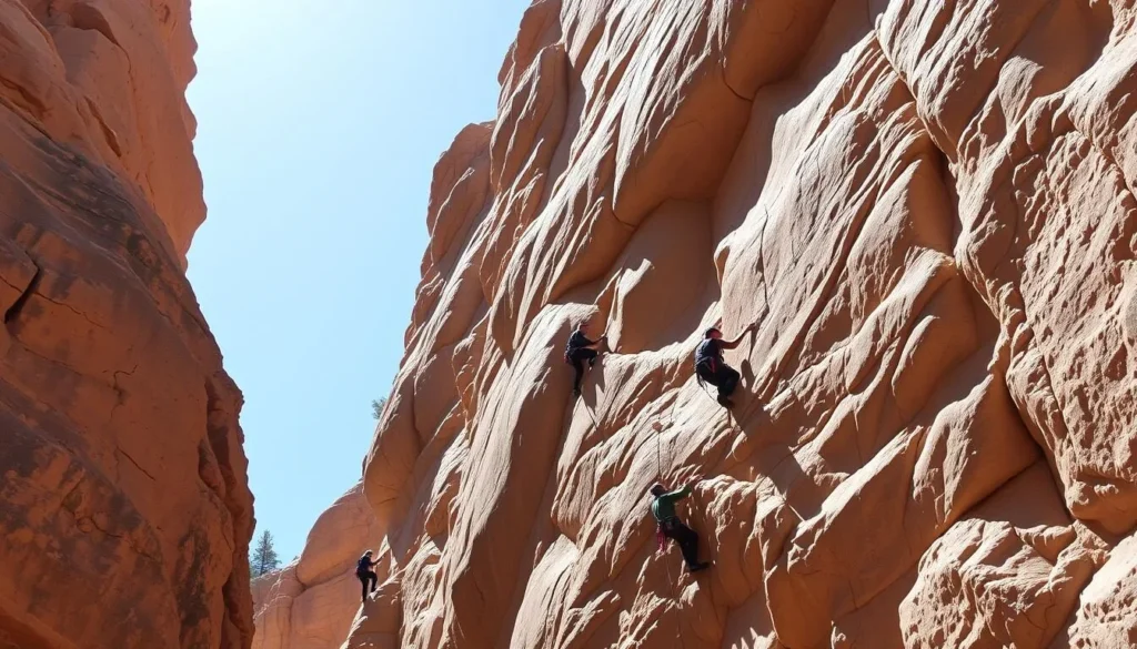 Rock climbers scaling the dramatic sandstone cliffs at Eldorado Canyon State Park Rock climbers scaling the dramatic sandstone cliffs at Eldorado Canyon State Park