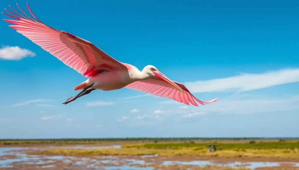 Roseate Spoonbill in flight over Lacassine Wetlands Louisiana with pink plumage against blue sky Roseate Spoonbill in flight over Lacassine Wetlands Louisiana with pink plumage against blue sky