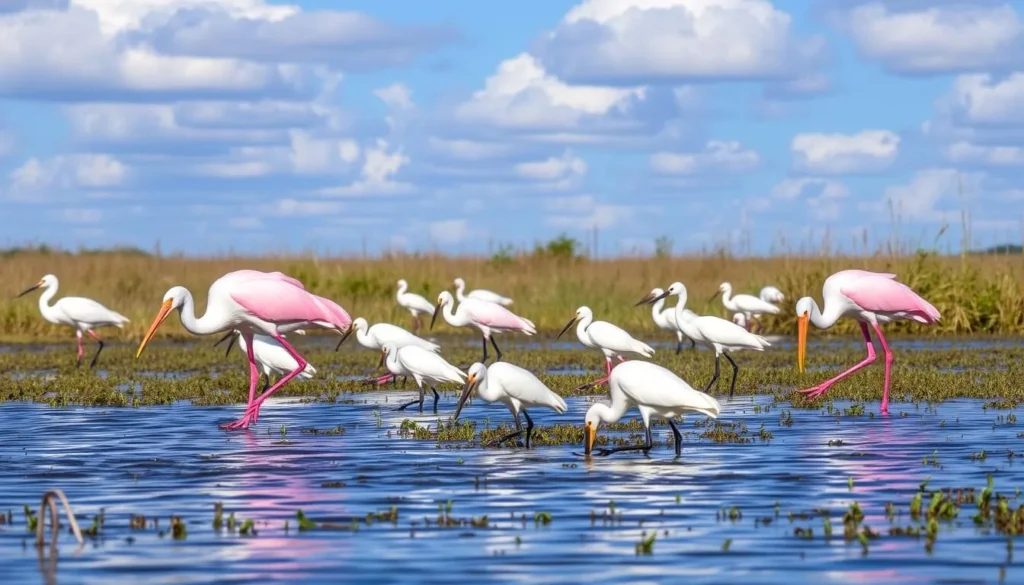 Roseate spoonbills and egrets feeding in a marsh along the Creole Nature Trail