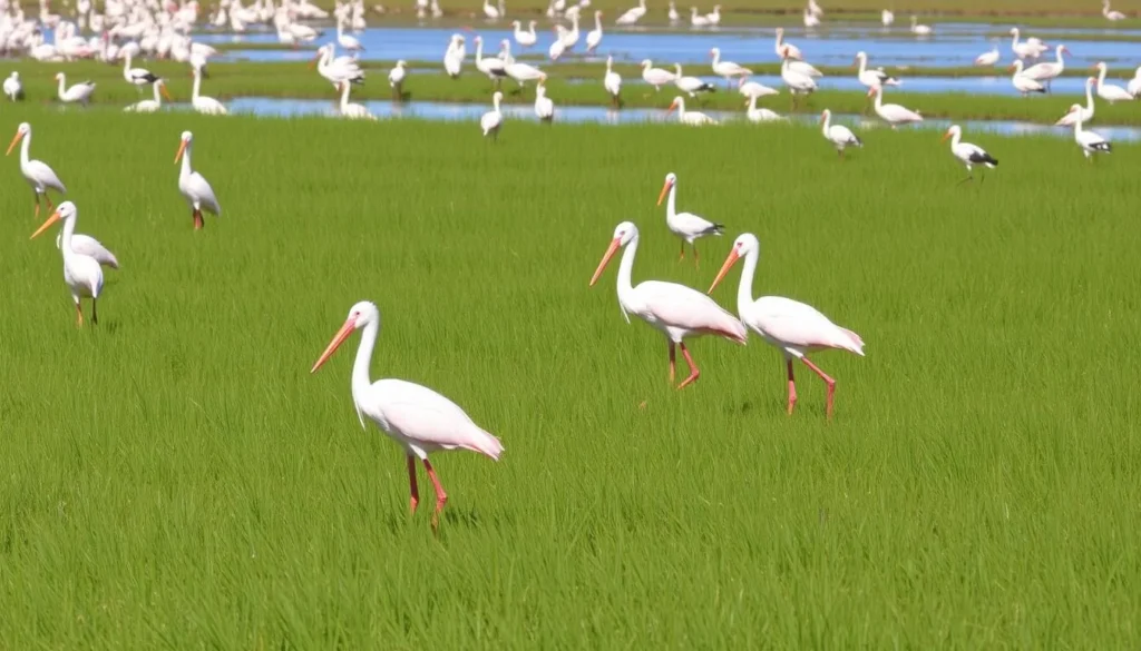 Roseate spoonbills and other wading birds in the marshes of Grand Isle State Park Roseate spoonbills and other wading birds in the marshes of Grand Isle State Park