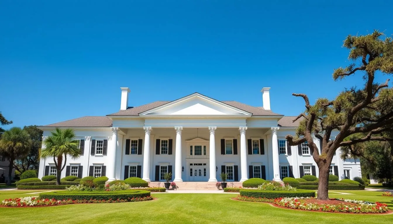 Rosedown Plantation main house with white columns and formal gardens in front on a sunny day