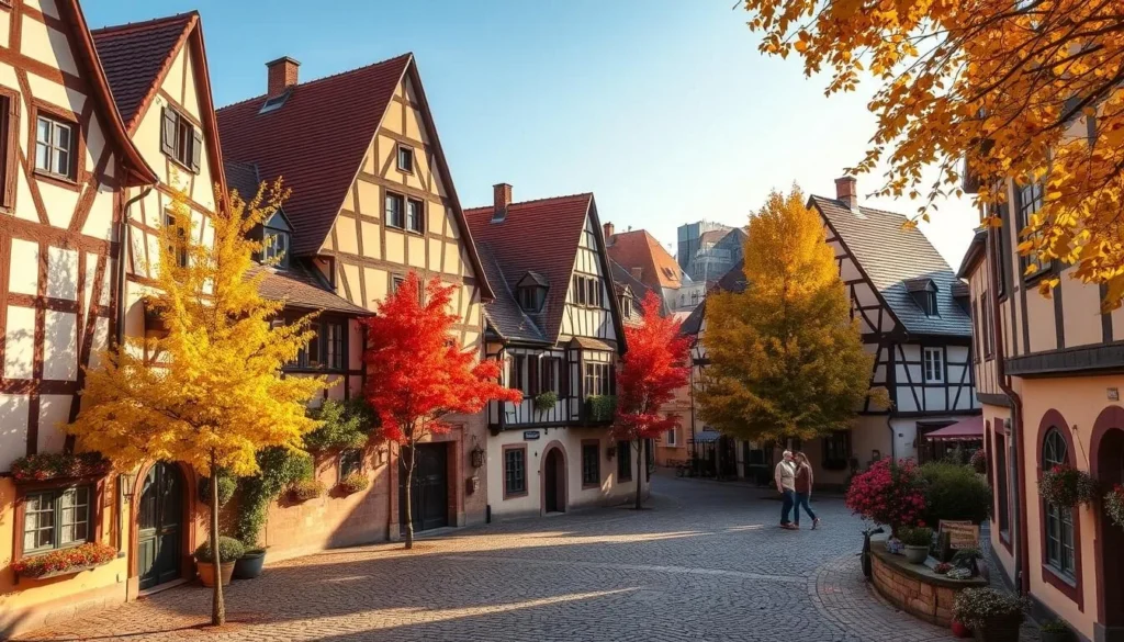 Rothenburg ob der Tauber in autumn with colorful fall foliage surrounding medieval buildings