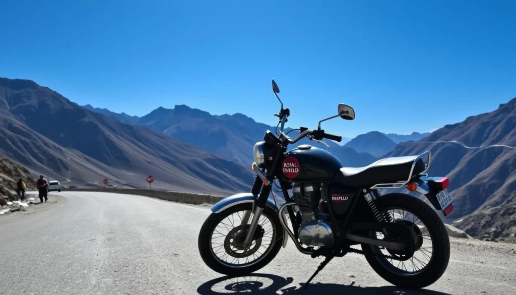 Royal Enfield motorcycle on a mountain road in Ladakh with dramatic landscape Royal Enfield motorcycle on a mountain road in Ladakh with dramatic landscape