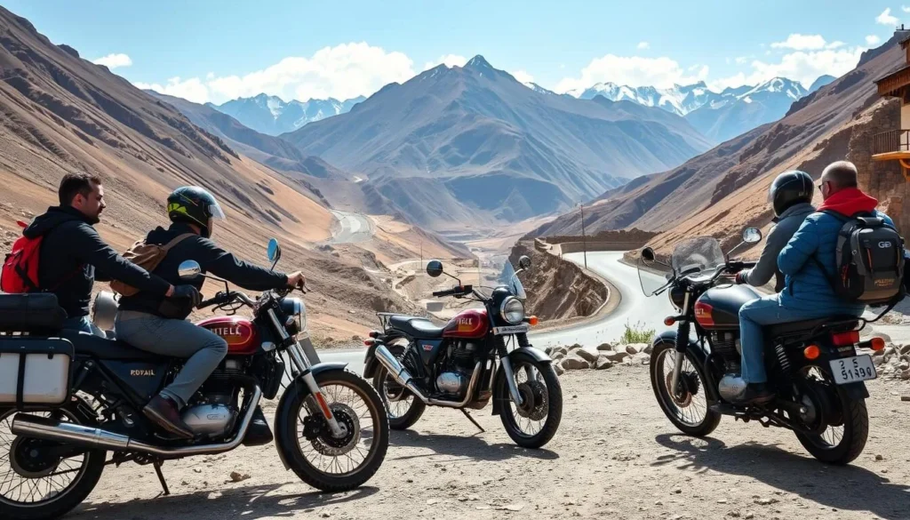 Royal Enfield motorcycles parked with riders exploring a scenic mountain road in Ladakh with dramatic landscape views Royal Enfield motorcycles parked with riders exploring a scenic mountain road in Ladakh with dramatic landscape views