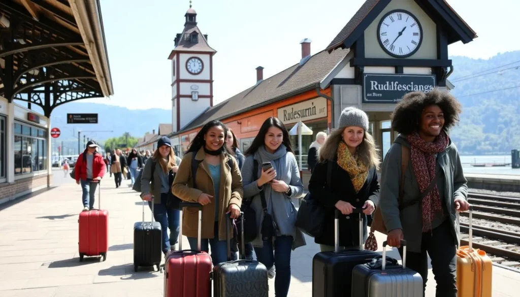 Rüdesheim am Rhein train station with travelers arriving for their Rhine Valley adventure