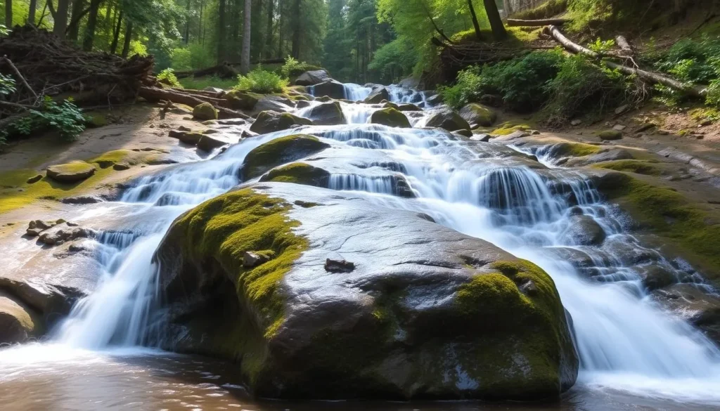 Rufabgo Waterfalls in Adygea with cascading water through forest setting