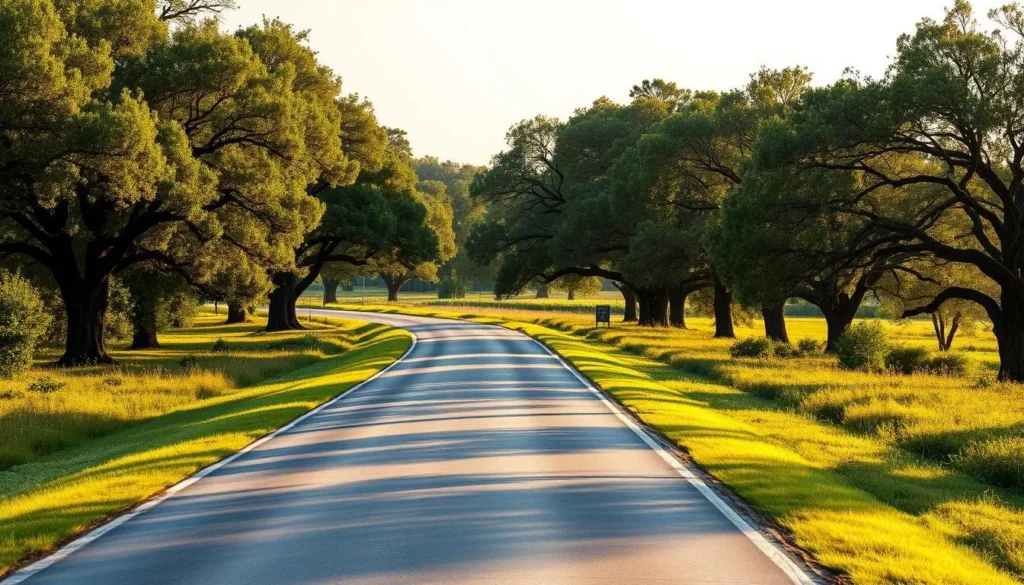 Rural road following the historic El Camino Real de los Tejas route in Louisiana