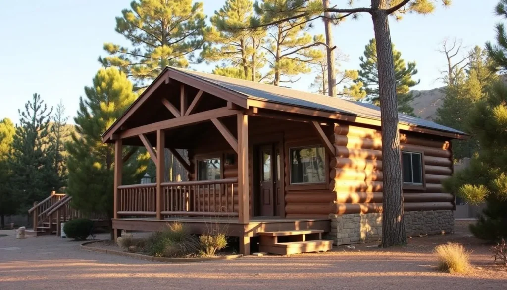 Rustic cabin accommodation near Gila River with wooden porch and forest surroundings