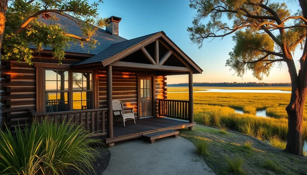 Rustic cabin accommodation near Rockefeller Wildlife Refuge with porch overlooking wetlands