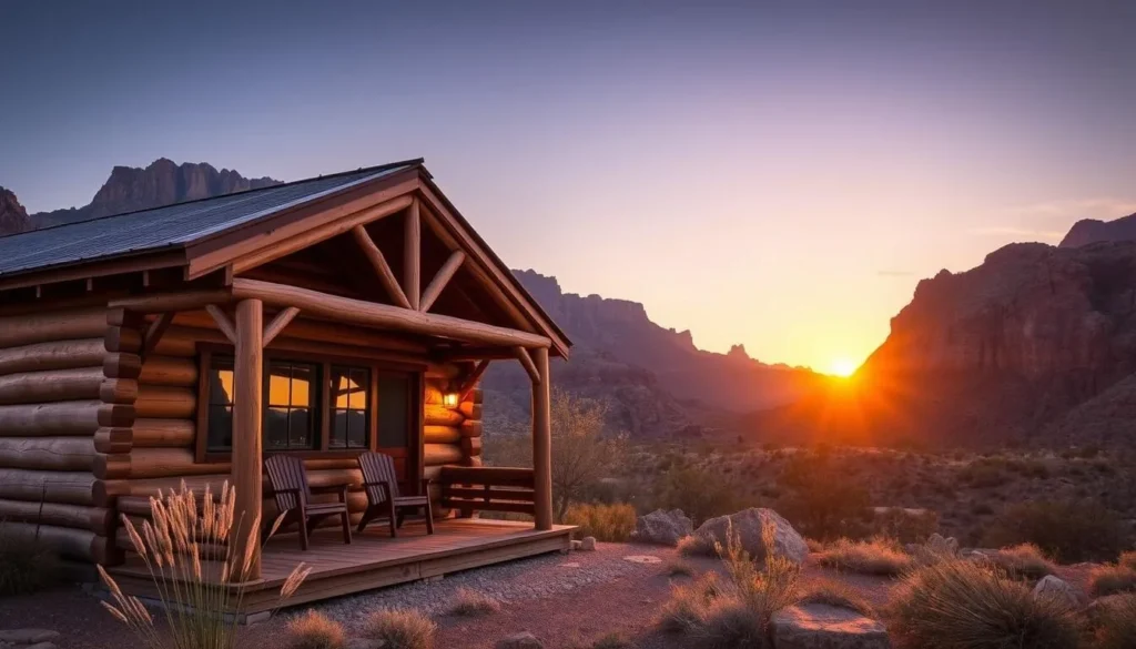 Rustic cabin accommodations near Salt River Canyon with mountain views at sunset