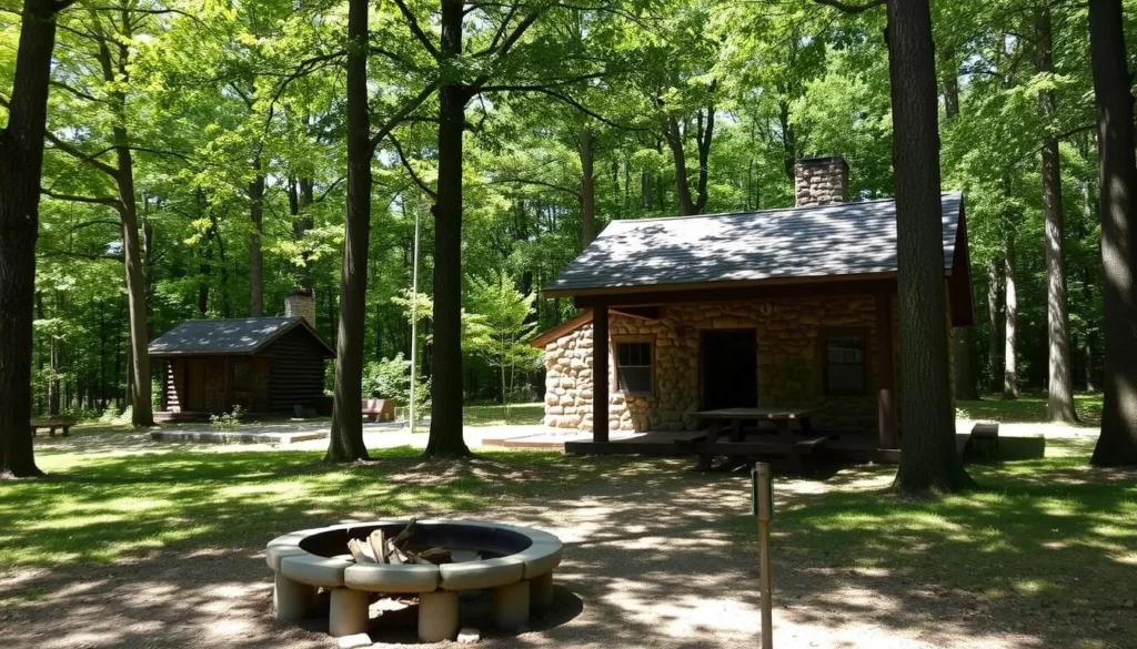 Rustic cabin at Worlds End State Park surrounded by trees with a fire pit and picnic area
