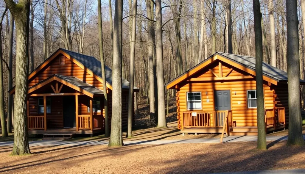 Rustic cottages at Yellow Creek State Park surrounded by trees