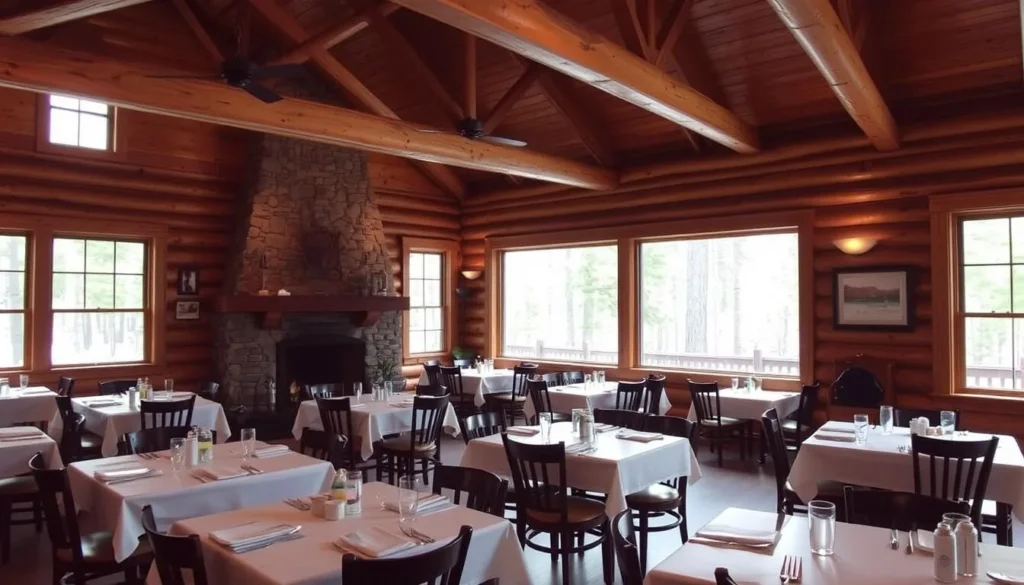 Rustic dining room at White Pines Inn Restaurant with wooden tables and forest views Rustic dining room at White Pines Inn Restaurant with wooden tables and forest views