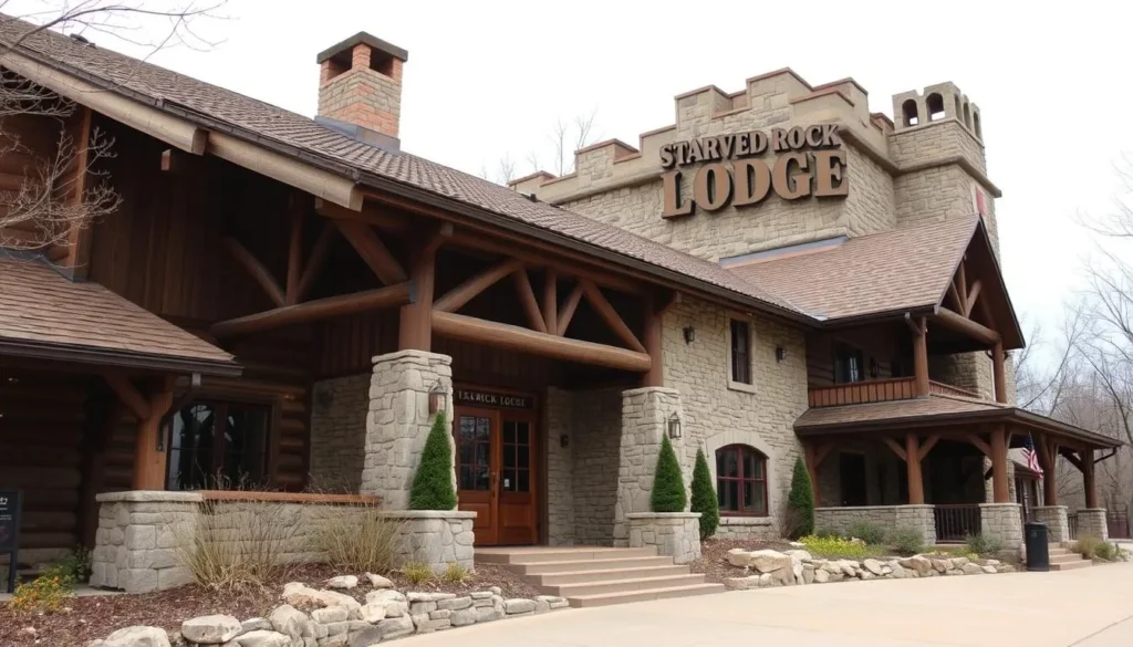 Rustic exterior of Starved Rock Lodge with stone facade and wooden beams Rustic exterior of Starved Rock Lodge with stone facade and wooden beams