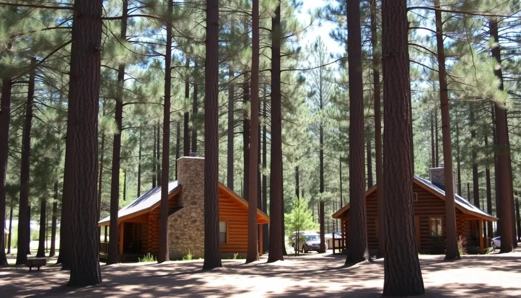 Rustic log cabins at White Pines State Park surrounded by tall pine trees Rustic log cabins at White Pines State Park surrounded by tall pine trees