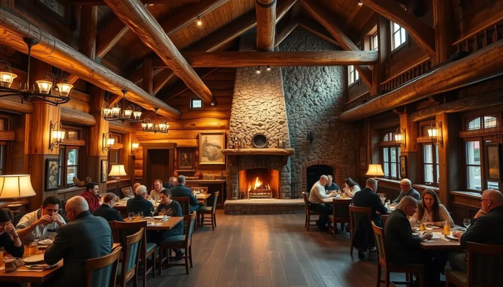 Rustic mountain restaurant interior with wooden decor serving local Colorado cuisine