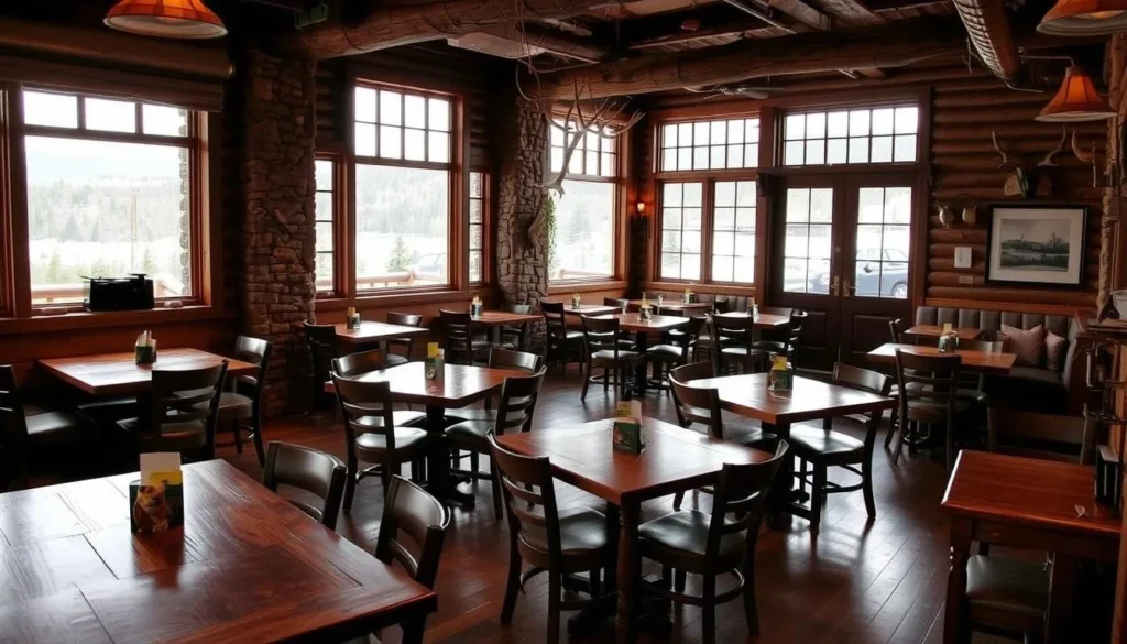 Rustic restaurant interior at Mishawaka Amphitheatre with river views Rustic restaurant interior at Mishawaka Amphitheatre with river views