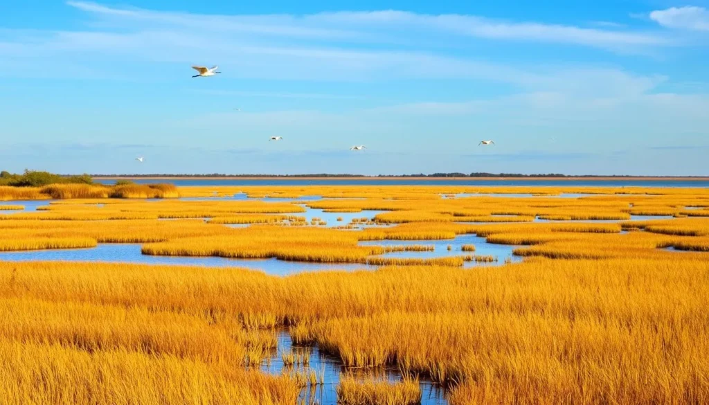 Sabine National Wildlife Refuge wetlands during fall with colorful foliage and migratory birds Sabine National Wildlife Refuge wetlands during fall with colorful foliage and migratory birds