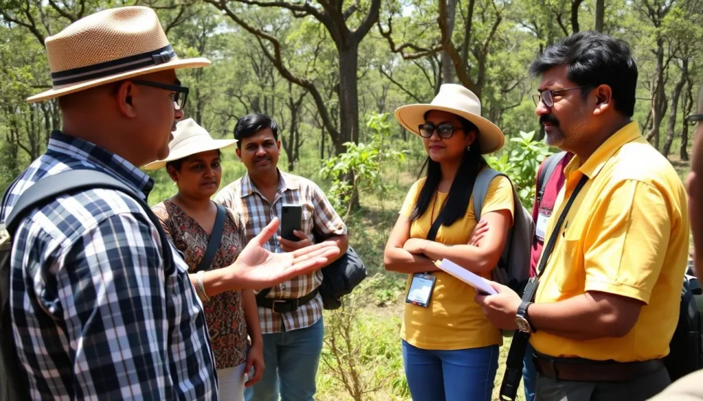 Safari guide explaining safety rules to tourists before entering Bandipur National Park