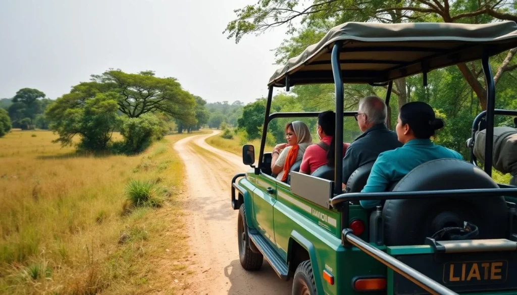 Safari jeep touring through Bandhavgarh National Park with tourists observing wildlife