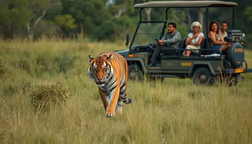 Safari jeep with tourists watching a Bengal tiger in Ranthambore National Park