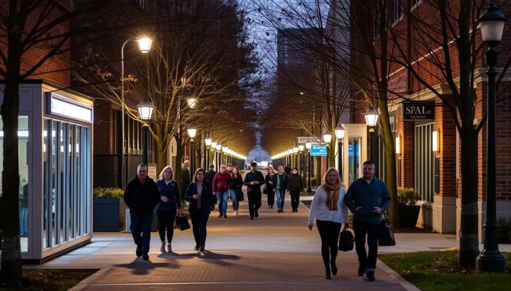 Safe pedestrian area in Upper Merion with well-lit walkways and security presence Safe pedestrian area in Upper Merion with well-lit walkways and security presence