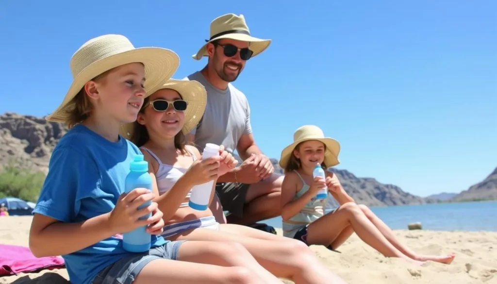 Safe recreation at Big Bend of the Colorado State Recreation Area Nevada showing proper sun protection and hydration Safe recreation at Big Bend of the Colorado State Recreation Area Nevada showing proper sun protection and hydration