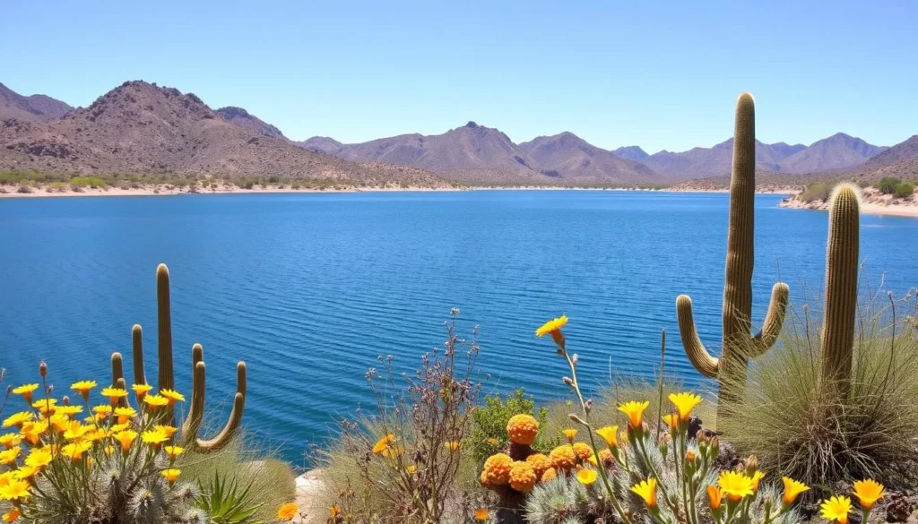 Saguaro Lake Recreation Areas Arizona in spring with blooming desert plants and calm waters