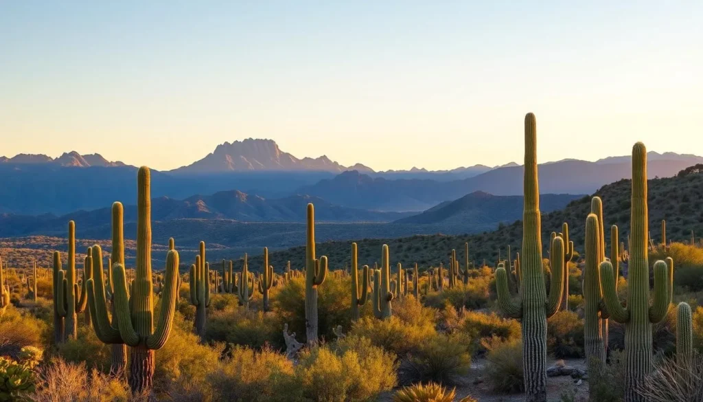 Saguaro National Park near Tucson showing dense stands of saguaro cacti against mountain backdrop