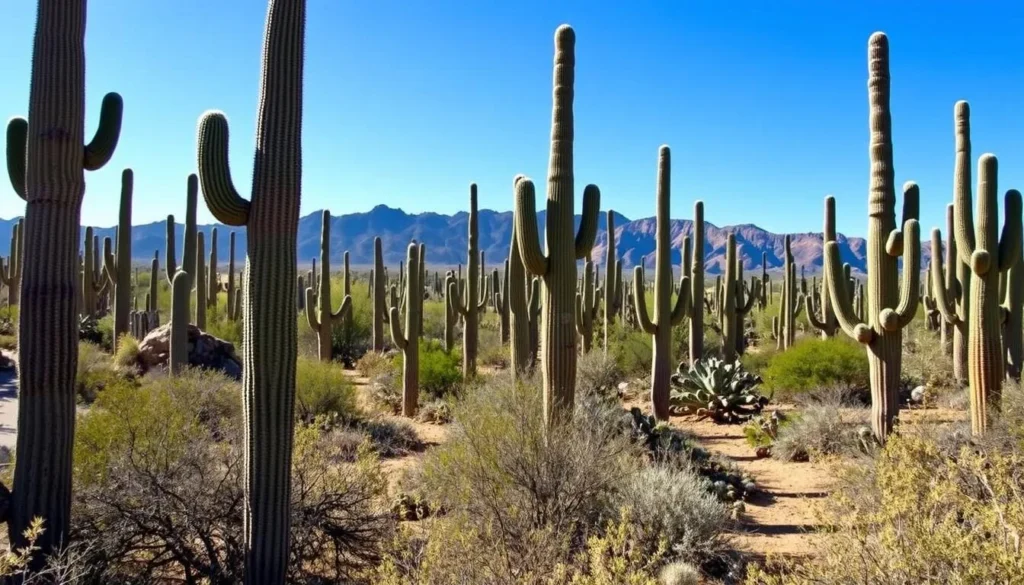 Saguaro National Park with giant cacti and mountain backdrop