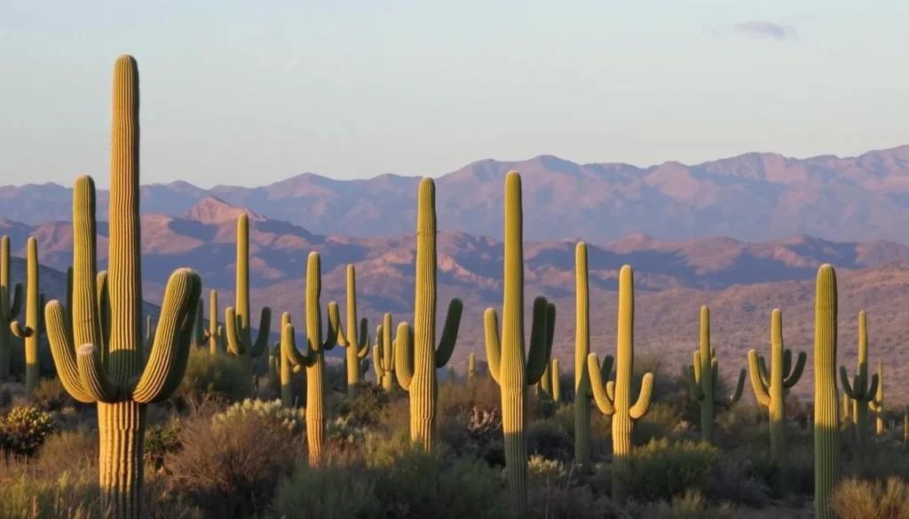 Saguaro National Park with iconic cacti and mountains in background near Santa Rita Mountains