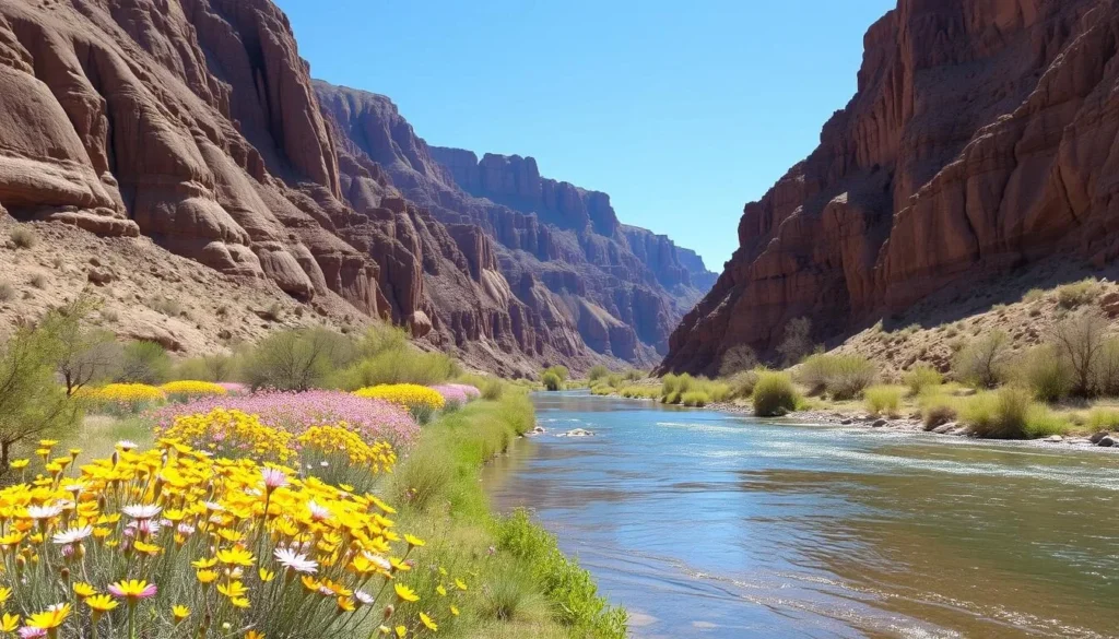 Salt River Canyon in spring with wildflowers blooming along the riverbanks and clear blue skies