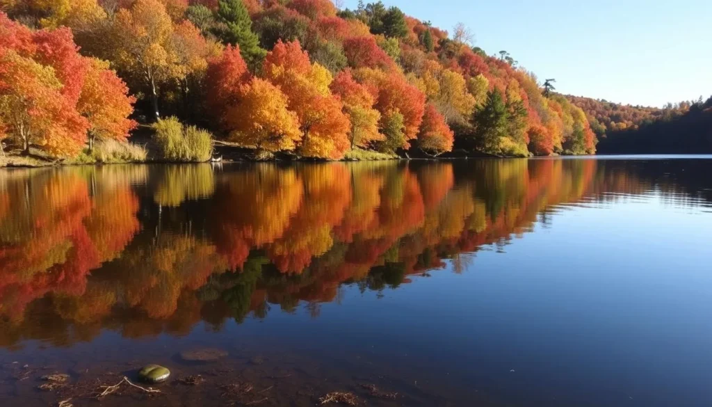 Sam Dale Lake in autumn with colorful foliage reflecting in calm waters