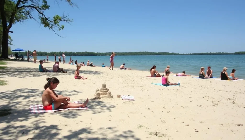 Sandy beach area at Jimmie Davis State Park with families enjoying the water Sandy beach area at Jimmie Davis State Park with families enjoying the water