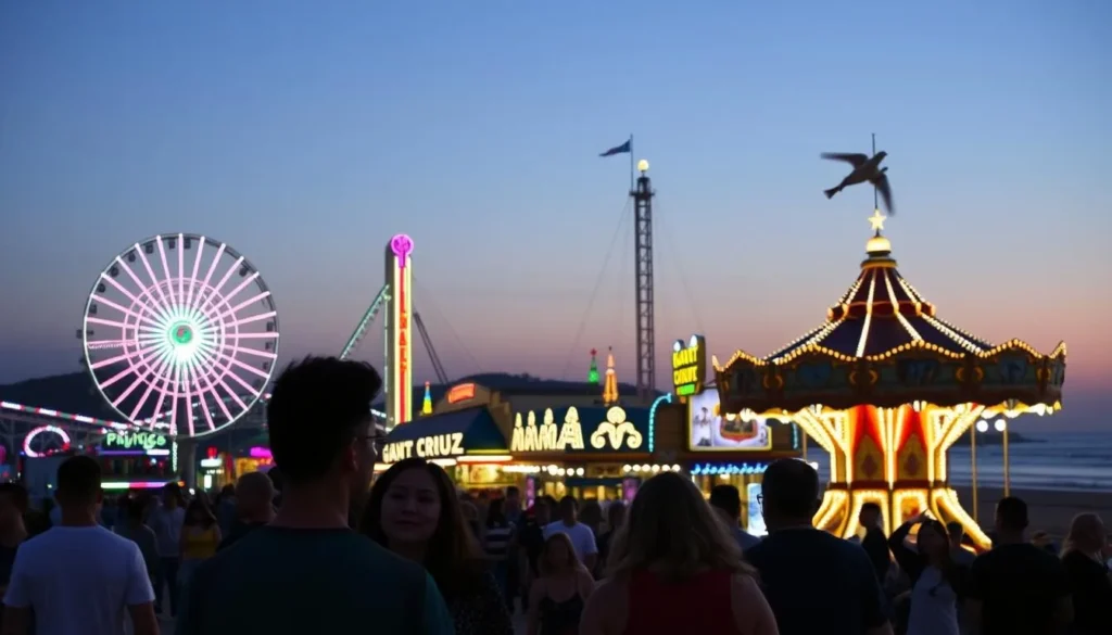 Santa Cruz Beach Boardwalk illuminated at dusk with colorful lights on the rides Santa Cruz Beach Boardwalk illuminated at dusk with colorful lights on the rides