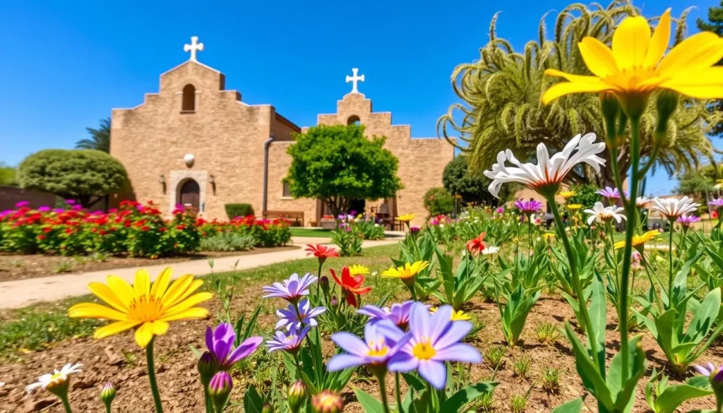 Santa Cruz Mission garden in spring with blooming flowers