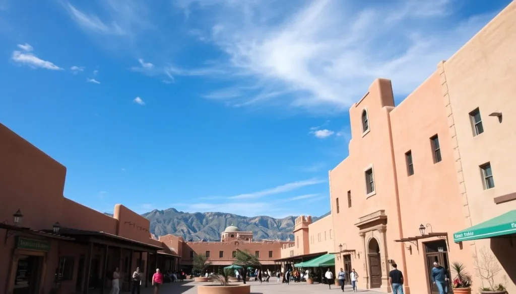 Santa Fe Plaza with adobe architecture and mountain backdrop Santa Fe Plaza with adobe architecture and mountain backdrop