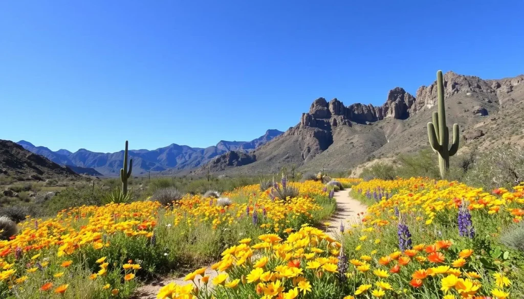 Santa Rita Mountains in spring with blooming wildflowers and clear hiking trails Santa Rita Mountains in spring with blooming wildflowers and clear hiking trails