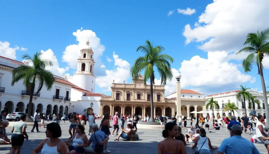 Santo Domingo Dominican Republic things to do - tourists enjoying a sunny day at Plaza de España