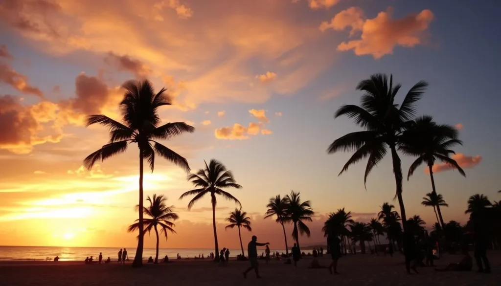 Sayulita beach at sunset with palm trees and colorful sky