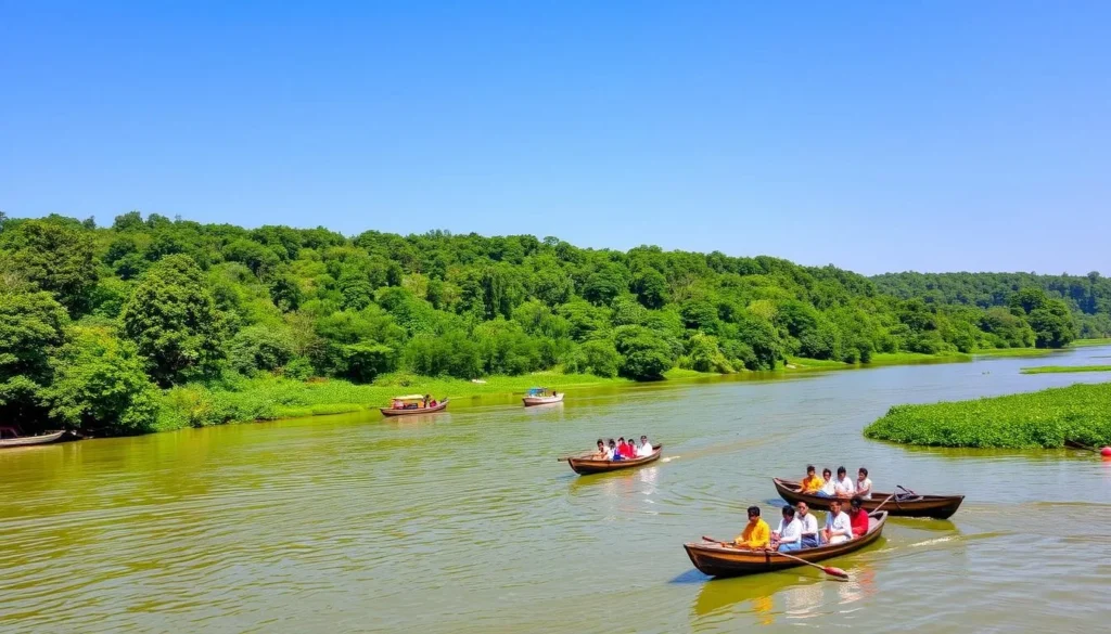 Scenic Krishna River with boats and natural landscapes in Amaravati