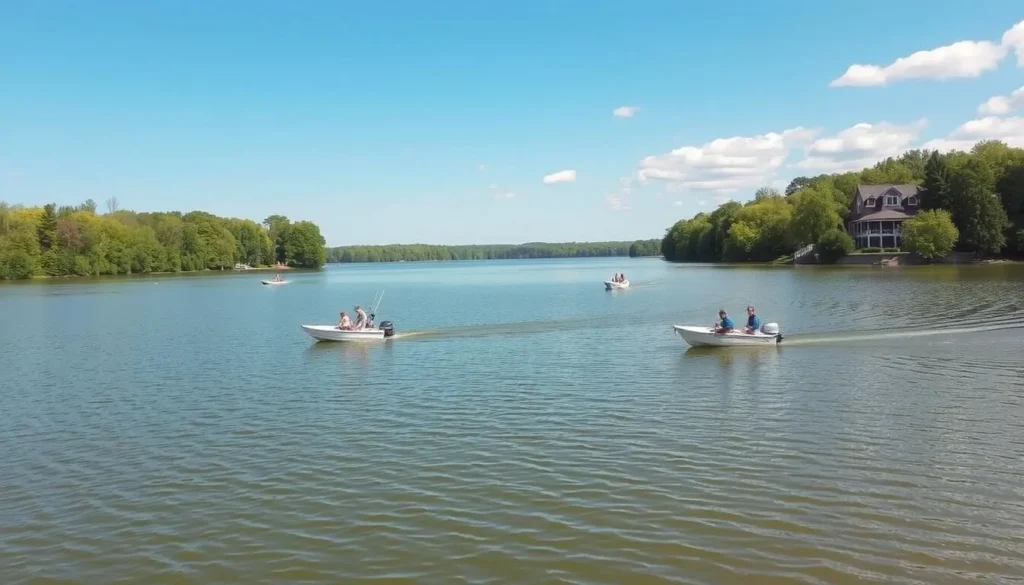 Scenic Lake Carlton near Sterling, Illinois with small boats and fishermen Scenic Lake Carlton near Sterling, Illinois with small boats and fishermen