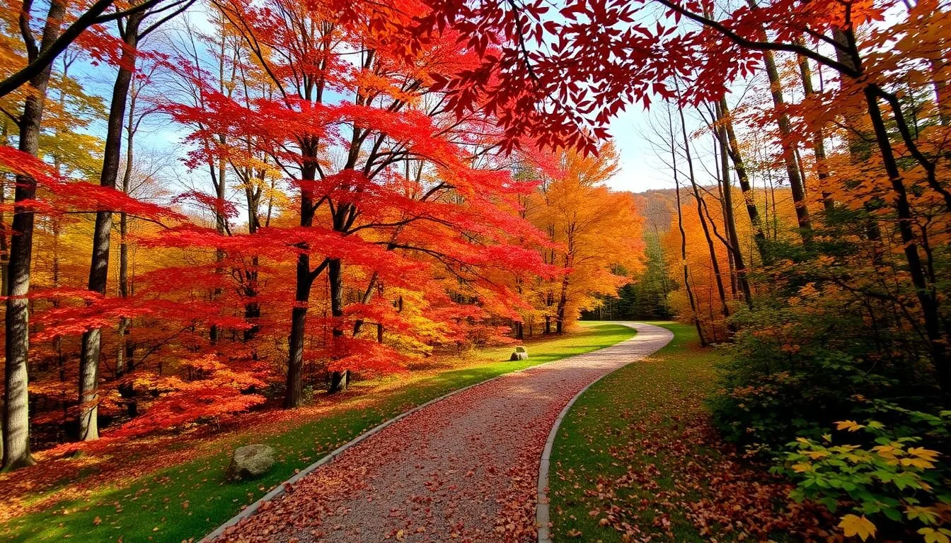 Scenic autumn view of Tyler State Park Pennsylvania with colorful fall foliage along a hiking trail